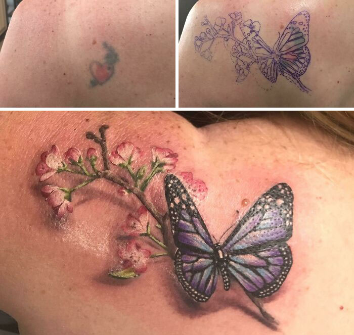Tattoo regret transformed: small heart revamped into vibrant butterfly and flowers on shoulder.