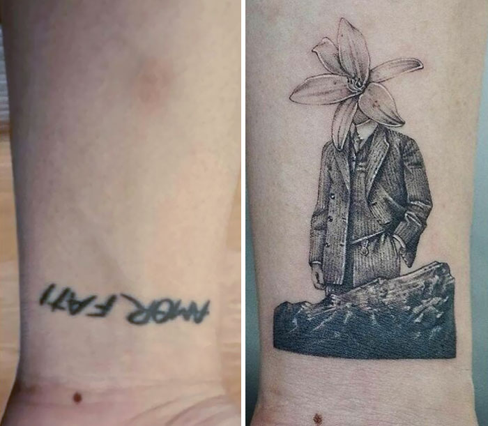 Tattoo upgrade from reversed text to a floral-headed figure in a suit, showcasing a creative transformation.