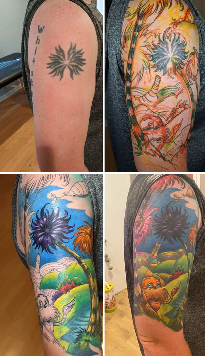 Tattoo regrets transformed into vibrant Dr. Seuss-themed arm artwork.