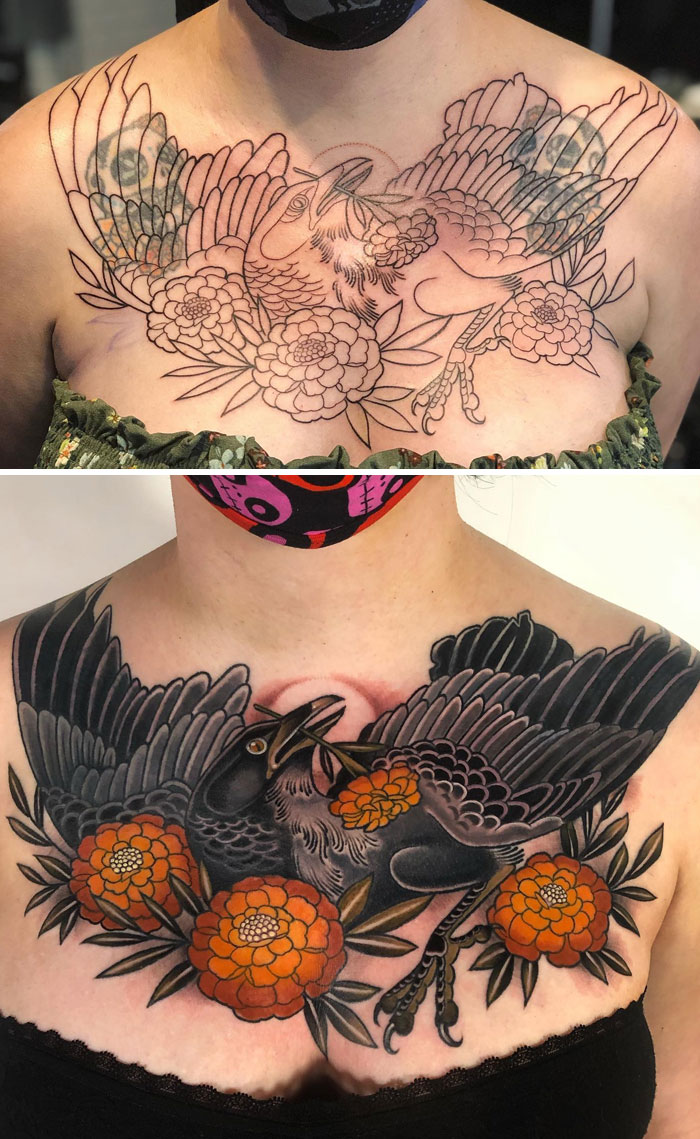 Tattoo upgrade of birds and flowers on chest, transformed from outline to vibrant color.