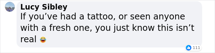 Comment doubting the authenticity of a forehead tattoo in a humorous tone.