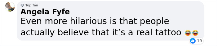 Angela Fyfe comments on fake tattoo prank, expressing disbelief.