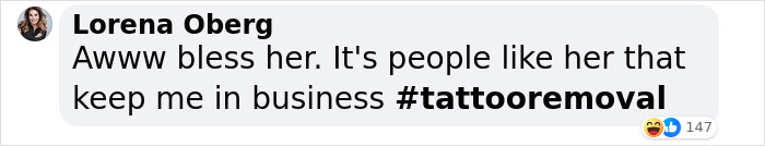 Comment mentioning tattoo removal after influencer fakes tattoo.