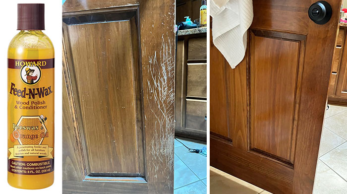 Bottle of wood polish beside before and after images of a scratched wooden door, showcasing effective products for pet problems.