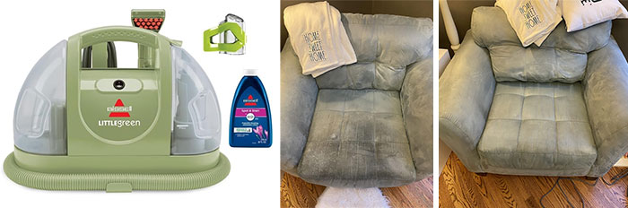 Pet stain remover machine with cleaning solution and before-after images of a chair cleaned using effective pet problem products.