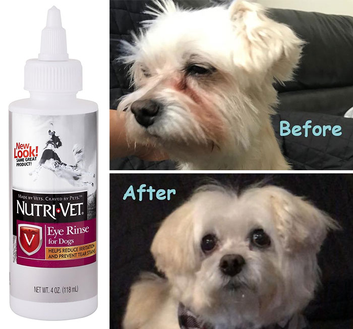 Nutri-Vet eye rinse product shown with before and after images of a dog’s tear stain problem solved effectively.