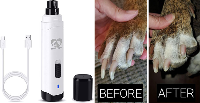 Pet nail grinder tool with USB charger shown next to before and after images of trimmed pet nails solving pet problems.