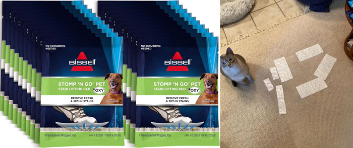 Bissell Stomp 'N Go Pet stain lifting pads with a cat sitting near tape numbers on carpet for pet problems.