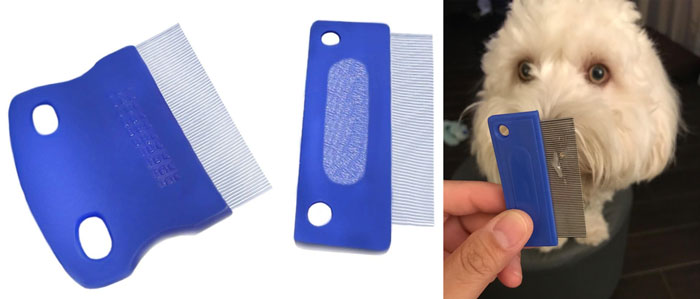 Blue pet grooming comb with fine metal teeth held near a white fluffy dog to solve annoying pet problems.