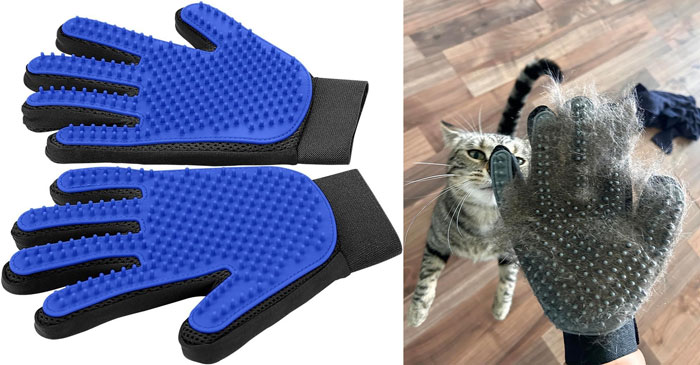 Blue pet grooming gloves with rubber bristles for removing loose fur from cats, effective products for annoying pet problems.
