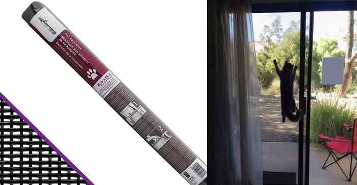 Pet window screen mesh product displayed next to a black cat hanging on a sliding glass door, solving pet problems.