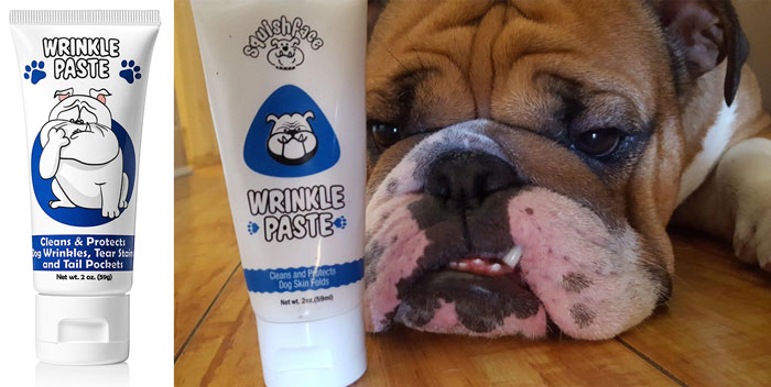 Tube of wrinkle paste for dogs on wooden floor next to a resting bulldog, illustrating effective products for pet problems.