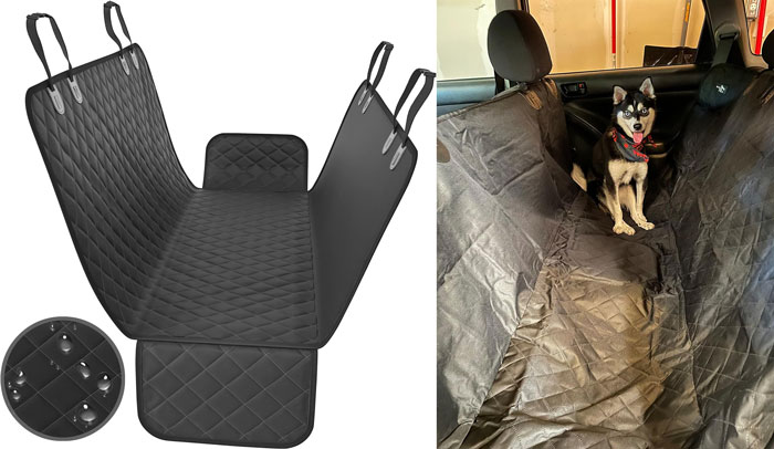 Car seat cover for pets with quilted surface and waterproof material protecting car interior from pet messes and scratches