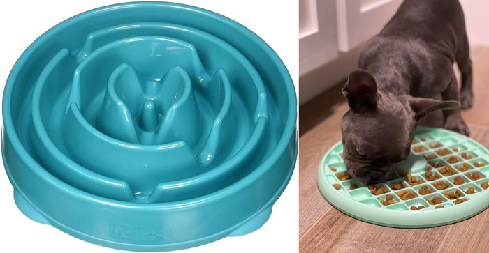 Blue slow feeder pet bowl with maze design and a dog eating kibble from a similar slow feeder product.