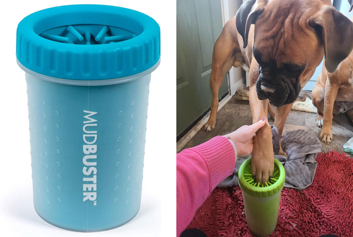 Blue MudBuster pet paw cleaner on white background and dog having paw cleaned using pet product for annoying pet problems