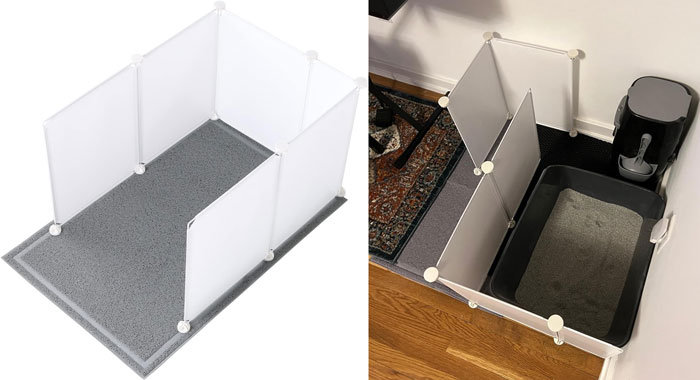 Pet litter box enclosure with protective panels and mat to solve annoying pet problems effectively and keep spaces clean.
