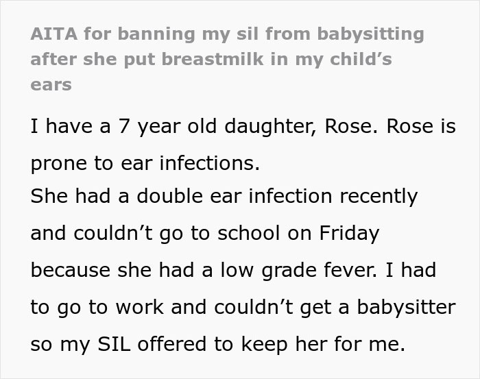 &ldquo;AITA For Banning My SIL From Babysitting After She Put Breastmilk In My Child&rsquo;s Ears&rdquo;