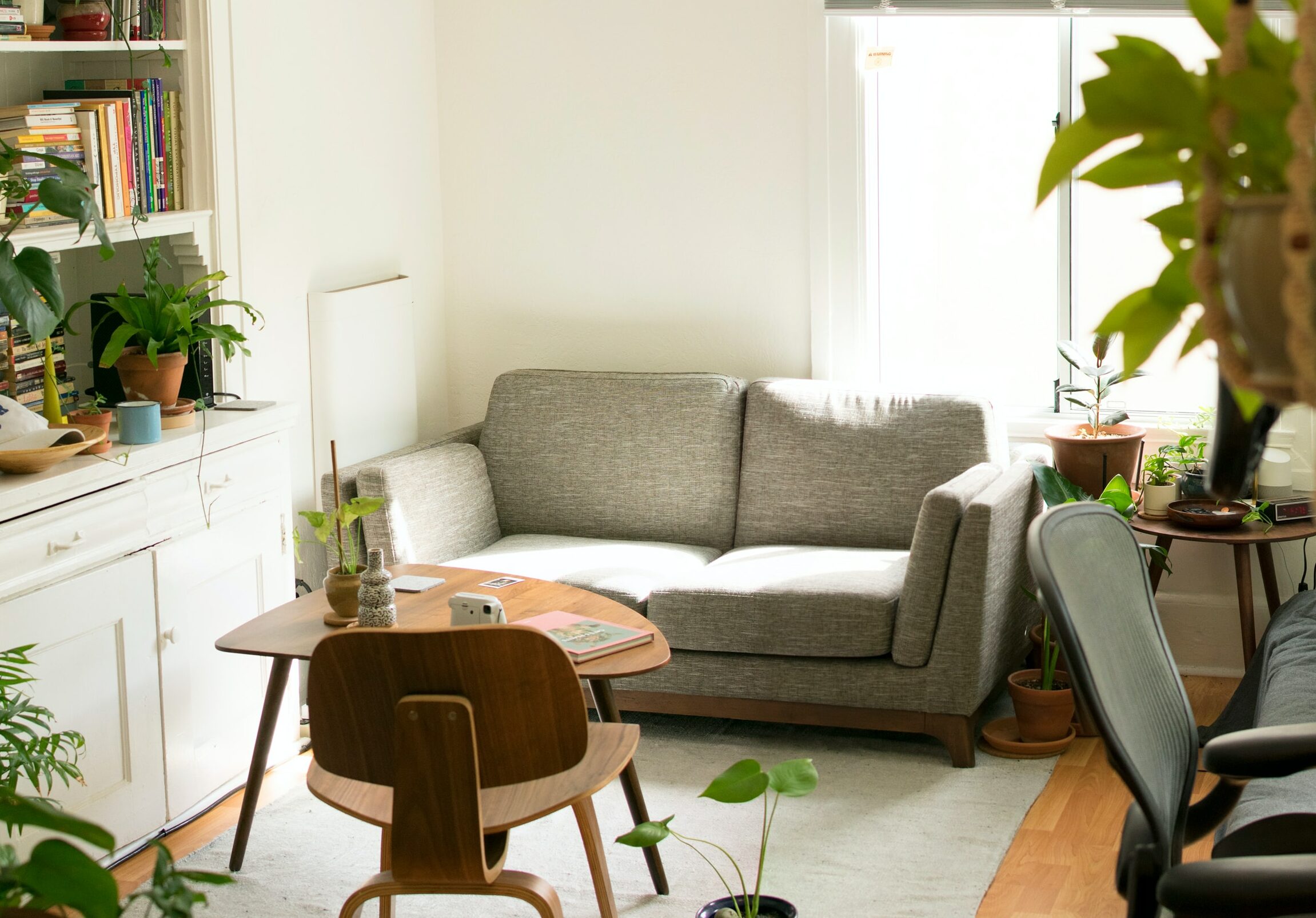 picture of a small couch in a room with flowers