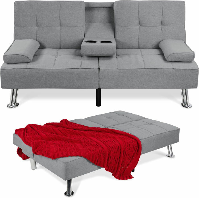 Small gray double couch and lounge from Best Choice Products with a red throw, perfect to maximize your space in style.