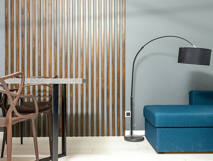 Modern dining room interior with furniture and floor lamp