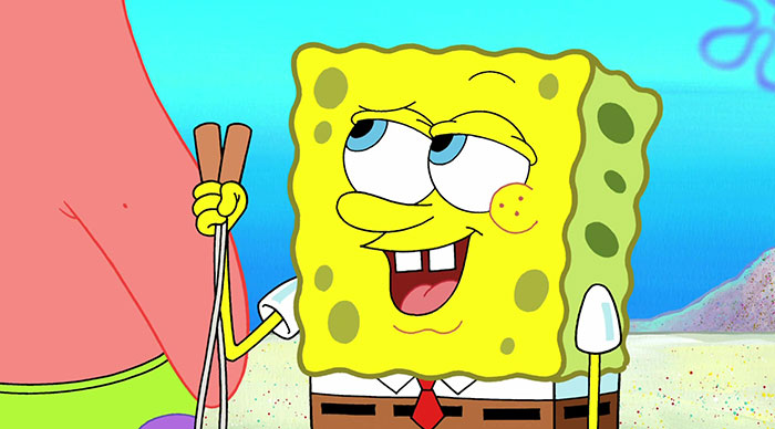 Sponge talking and holding a jumping rope 