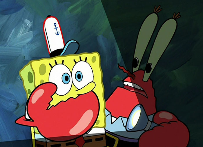 Mr. Krabs trying to silence SpongeBob 