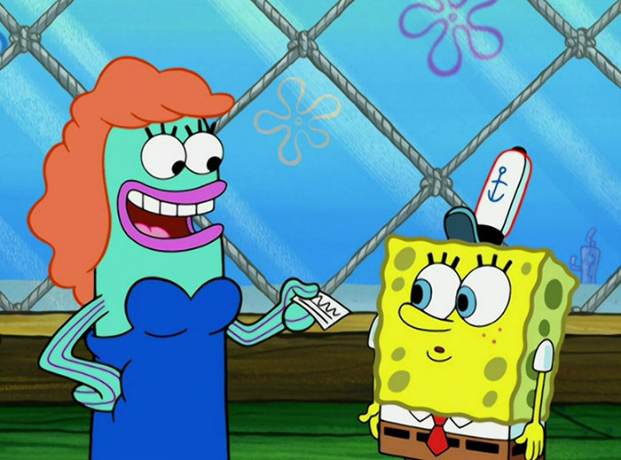 A woman giving a paper to SpongeBob