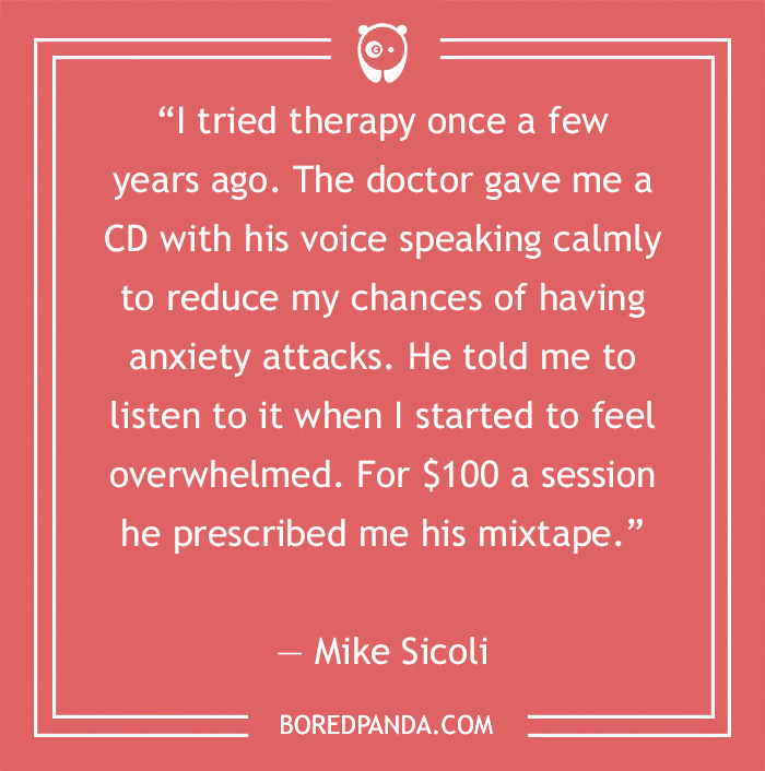Stand-up comedy joke by Mike Sicoli about therapy and mixtapes on a red background from Bored Panda.