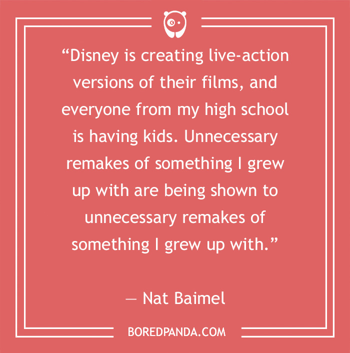 Comedian Nat Baimel jokes about Disney remakes in a humorous quote on a red background.
