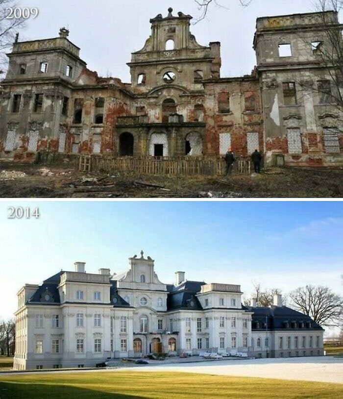 Chróstnik Palace 2009 vs. 2021. Chróstnik, Lubin County, Poland