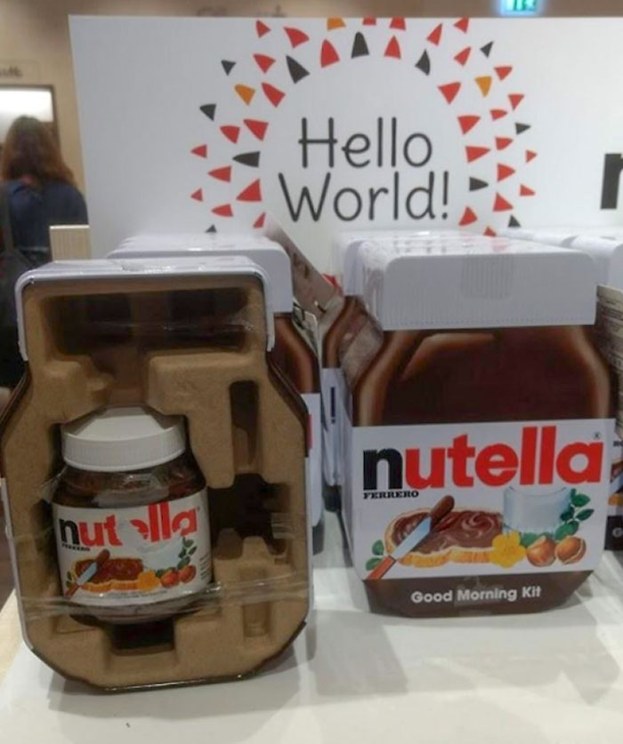 Nutella packaging fail showing oddly small jar inside oversized container causing confusion.