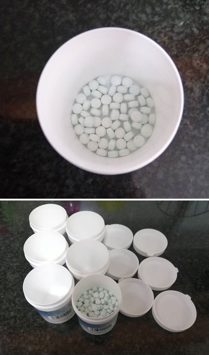 Small white tablets packed in large bottles with excessive empty space showing a facepalm-worthy packaging fail.
