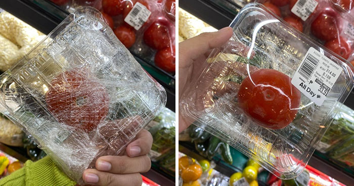 Tomato packaged in an oversized plastic container wrapped with plastic film, illustrating packaging fails in grocery stores.
