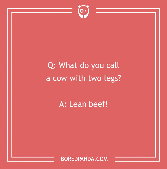 Text on image: "What do you call a cow with two legs? Lean beef!" Funniest joke example.