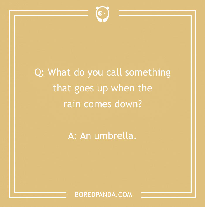 Text on a tan background features a funny "What do you call?" joke about an umbrella.