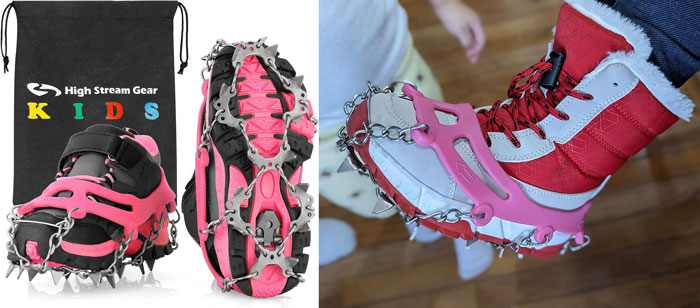 Kids Ice Cleats: Give your active kid the freedom to play, run and hike in snow confidently with our heavy-duty, rust-proof and portable ice cleats designed for children.
