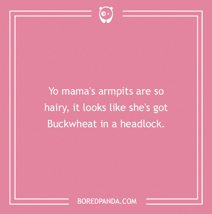 Text image with a "Yo Mama" joke about hairy armpits, set on a pink background.