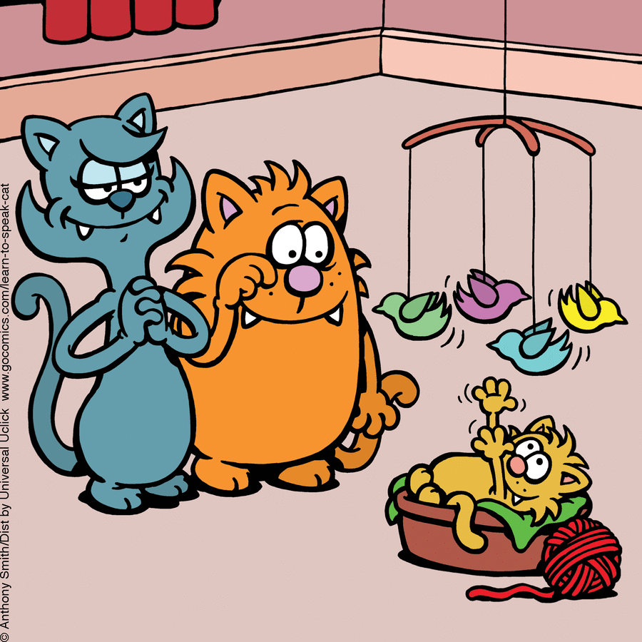 Cartoon cats in a room with a kitten in a basket playing under a colorful bird mobile, illustrating the nature of cats.