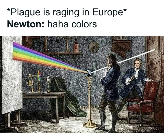 Newton meme illustrating physics with a prism and rainbow colors.