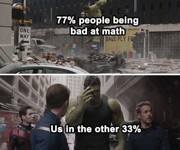Avengers meme humorously depicting struggles with math and physics concepts.