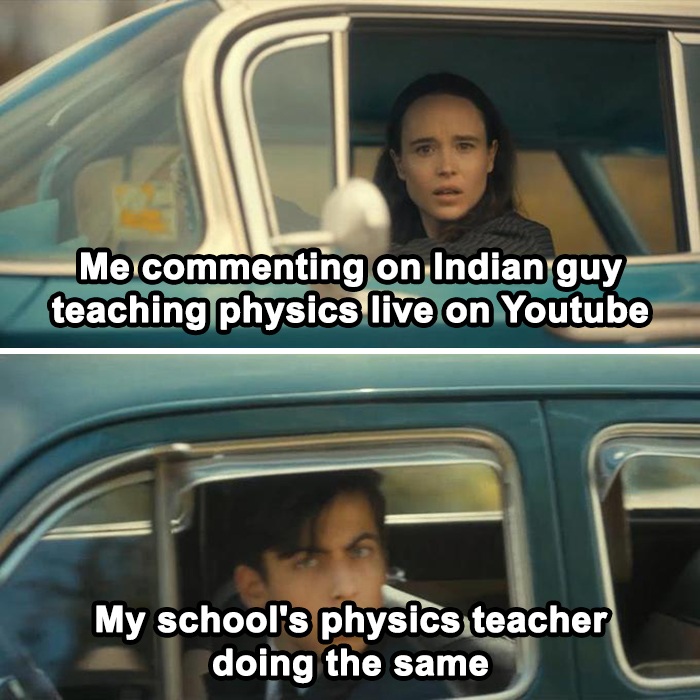 Two contrasting images depict reactions to online physics teaching.