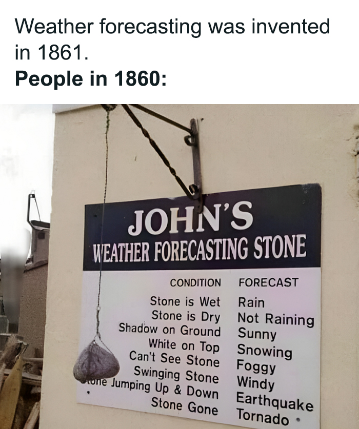 Stone weather forecast joke showcasing old methods prior to modern physics.