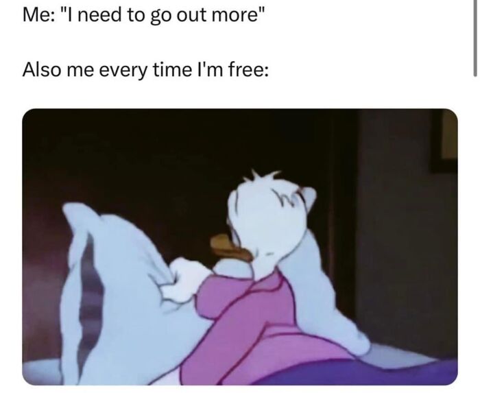 Cartoon character in bed, illustrating a hilariously relatable meme about staying in despite plans to go out.