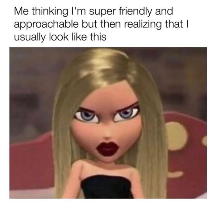 Image of a relatable meme featuring a doll-like character with a serious expression, capturing humorous social awkwardness.