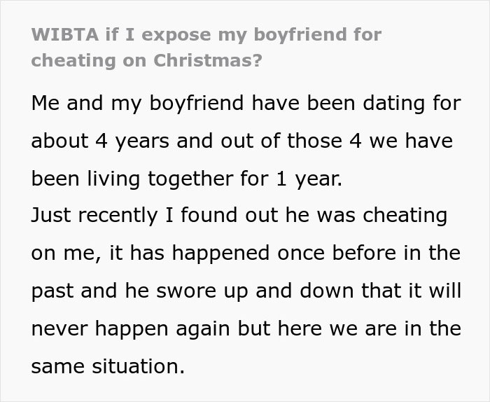 Man Plans To Expose Cheating BF On Christmas While His Whole Family Is Opening Presents Man Plans To Expose Cheating BF On Christmas While His Whole Family Is Opening Presents