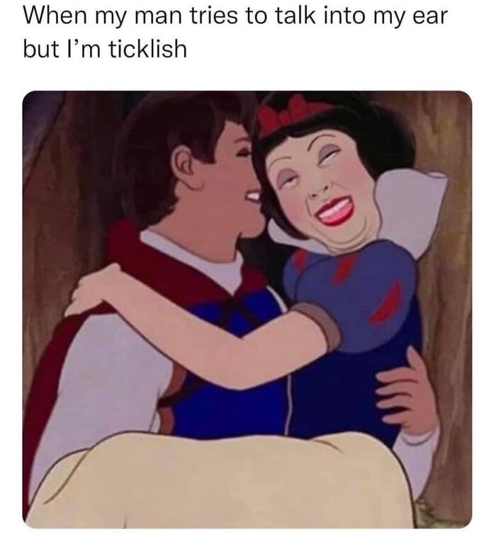 Cartoon character laughing, embracing another character, with text about being tickled. Hilariously relatable meme.