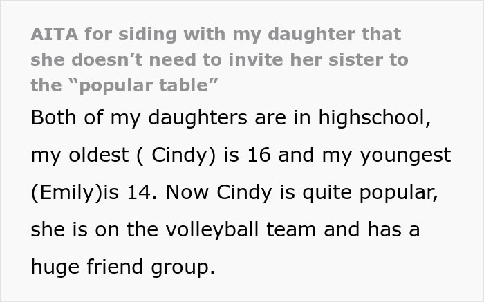 Dad Demands Daughter Invite Friendless Sister To Sit With Her At &ldquo;Popular&rdquo; Table, Mom Intervenes