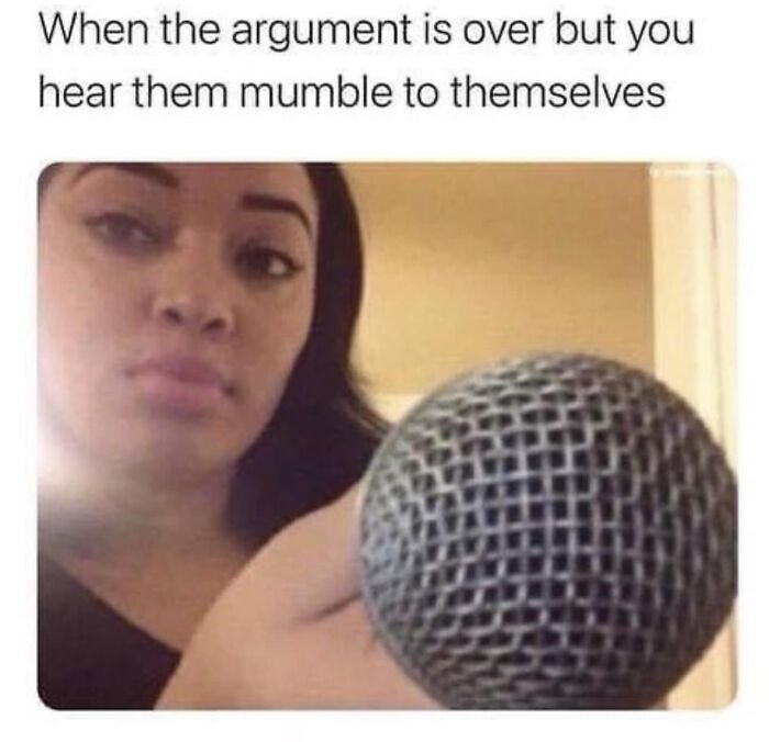 Woman holding a microphone with a caption about overhearing mumbling after an argument.