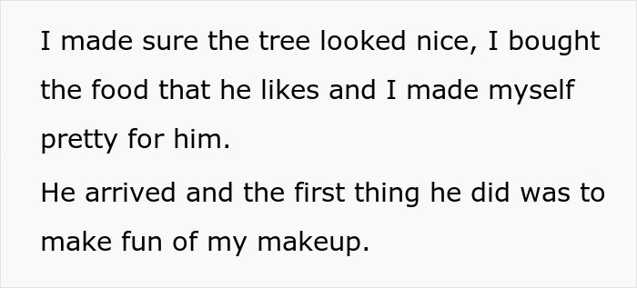 Text showing a woman&rsquo;s disappointment with her boyfriend&rsquo;s unthoughtful gift after preparing for Christmas together.