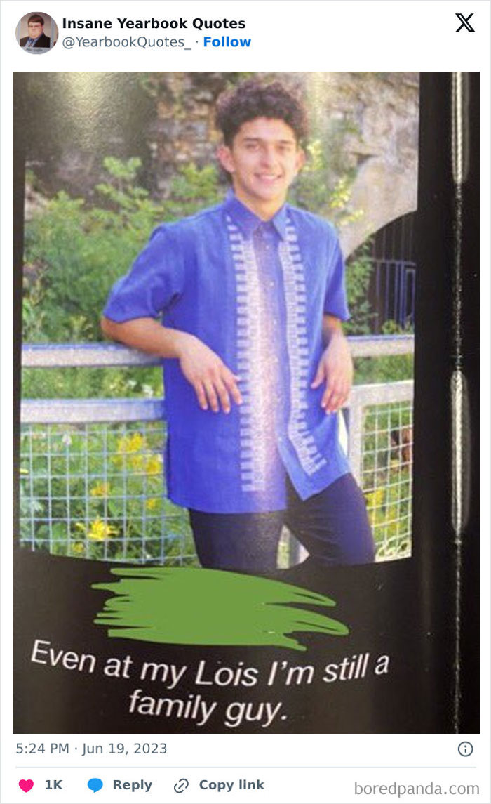 Teen in a blue shirt posing outdoors with a funny family guy-inspired yearbook quote in epic yearbook quotes collection.